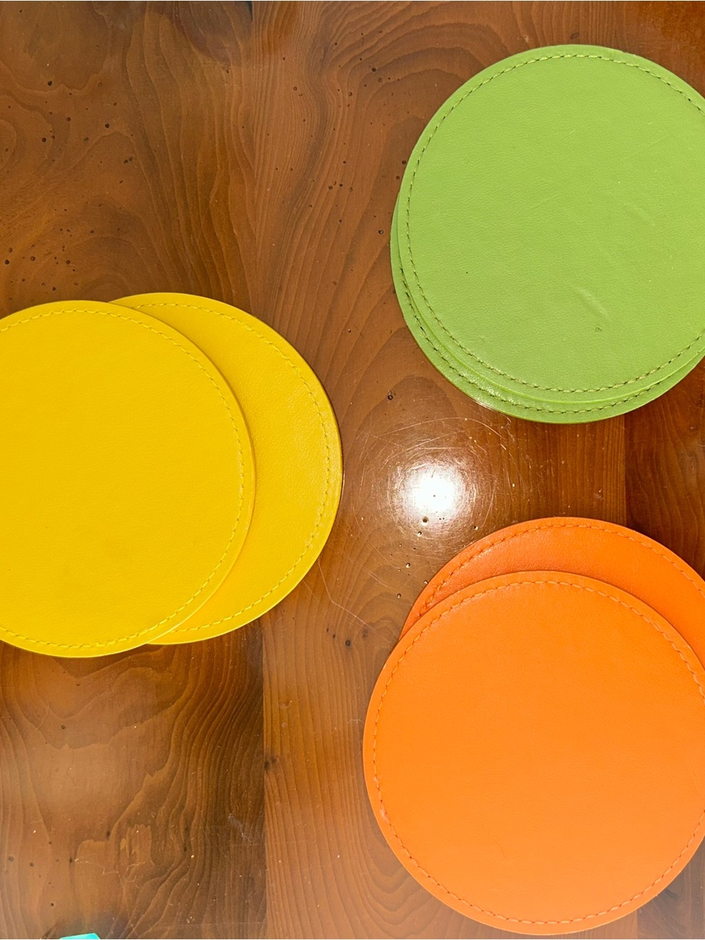 Crate & Barrel 6 Leather Coasters Yellow, Orange, Green 4x4